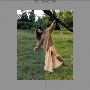 May include: A long-sleeved tan sweater paired with a cream-colored maxi skirt featuring lace trim and brown leather boots. The outfit is displayed in a split-screen comparison showing a desaturated color tone on the left and a vibrant tone on the right.