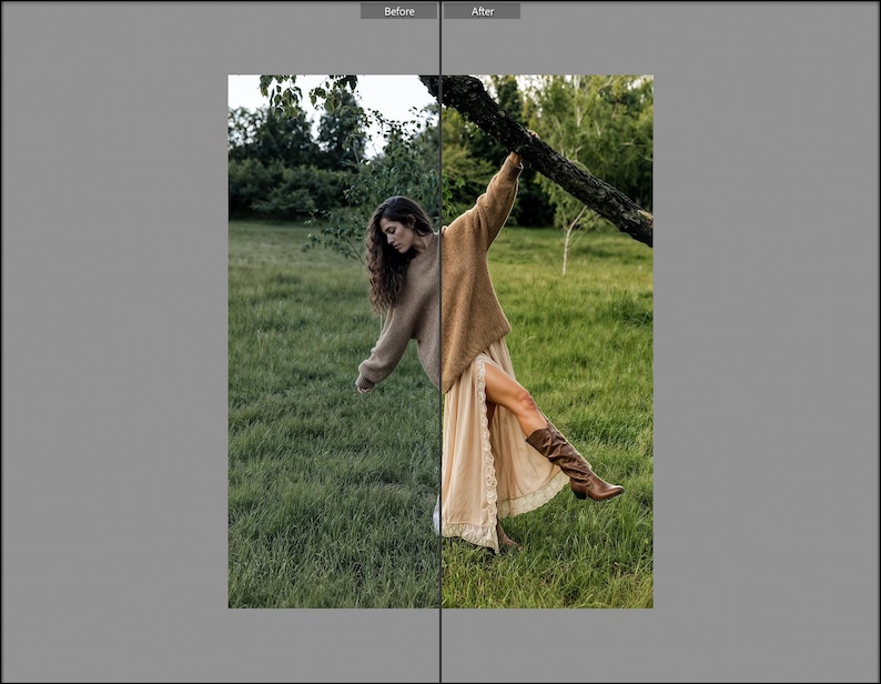 May include: A long-sleeved tan sweater paired with a cream-colored maxi skirt featuring lace trim and brown leather boots. The outfit is displayed in a split-screen comparison showing a desaturated color tone on the left and a vibrant tone on the right.