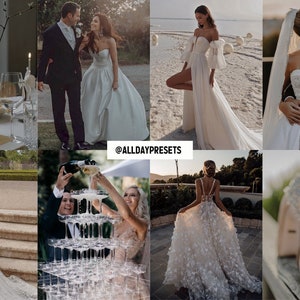 May include: A collage of wedding photography featuring white floral centerpieces, couples in formal attire, brides in various white gowns, a champagne tower, and high-heeled shoes with crystal embellishments. The text @ALLDAYPRESETS is centered.