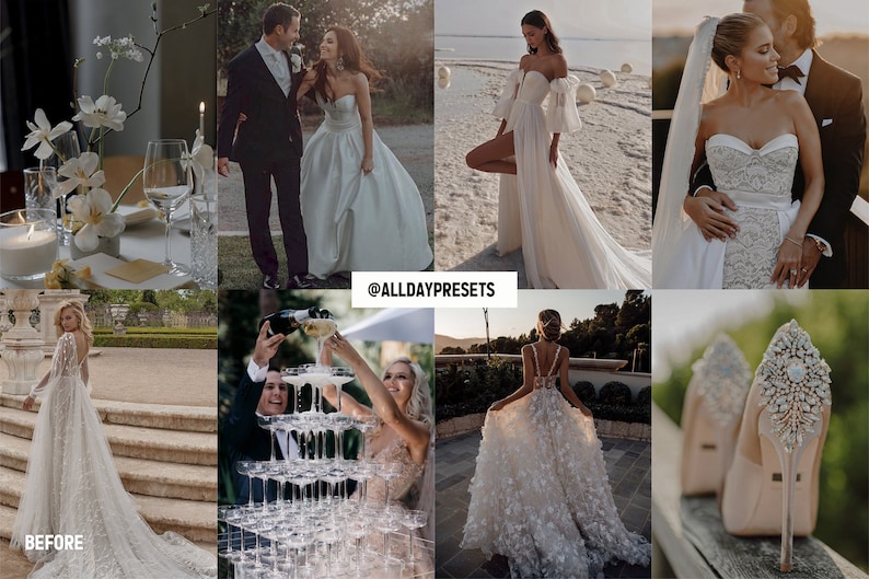 May include: A collage of wedding photography featuring white floral centerpieces, couples in formal attire, brides in various white gowns, a champagne tower, and high-heeled shoes with crystal embellishments. The text @ALLDAYPRESETS is centered.