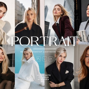 May include: A digital collection of portrait photography presets featuring eight distinct images of individuals in various professional and casual attire, with the text PORTRAIT, MOBILE & DESKTOP LIGHTROOM PRESETS, 44 PRESETS, 17 TOOLS, AI MASKS.