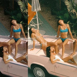 May include: A light pink convertible car filled with water, featuring four individuals wearing various swimsuits, including a beige triangle bikini, a blue two-piece bikini, a white one-piece swimsuit, and a bright orange two-piece bikini.