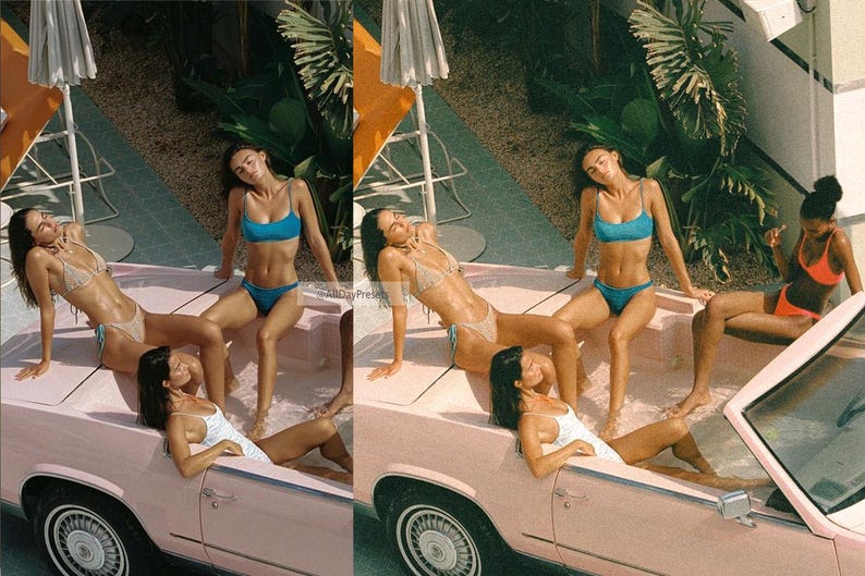 May include: A light pink convertible car filled with water, featuring four individuals wearing various swimsuits, including a beige triangle bikini, a blue two-piece bikini, a white one-piece swimsuit, and a bright orange two-piece bikini.
