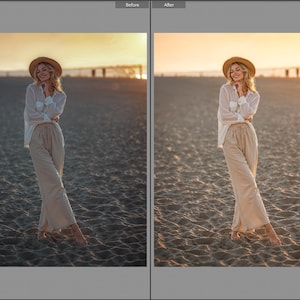 May include: A long-sleeved white button-down shirt paired with loose-fitting beige trousers and a wide-brimmed straw hat. The outfit is worn on a sandy beach during sunset, featuring a light, airy fabric construction and a relaxed, flowing silhouette.