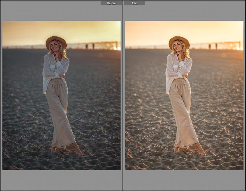 May include: A long-sleeved white button-down shirt paired with loose-fitting beige trousers and a wide-brimmed straw hat. The outfit is worn on a sandy beach during sunset, featuring a light, airy fabric construction and a relaxed, flowing silhouette.