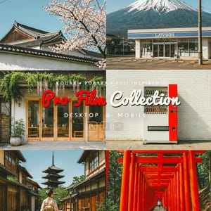 May include: A digital photography preset pack titled Pro Film Collection featuring Kodak and Fuji inspired themes for desktop and mobile. The collage displays six scenes including Mount Fuji, a Lawson store, a vending machine, and a person in a kimono.