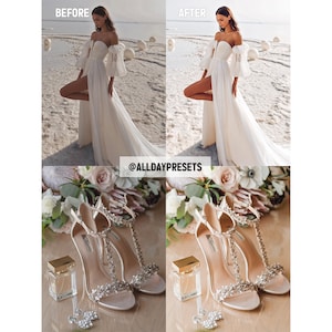 May include: A white off-the-shoulder gown with puff sleeves and a high leg slit, alongside a pair of silver embellished high-heeled sandals, a small perfume bottle, and floral accents. The image includes the text @ALLDAYPRESETS.