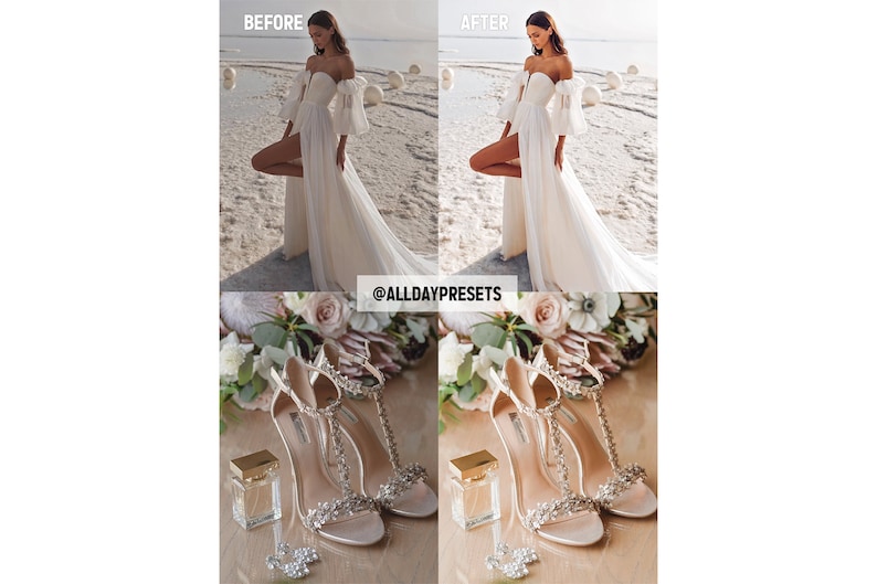 May include: A white off-the-shoulder gown with puff sleeves and a high leg slit, alongside a pair of silver embellished high-heeled sandals, a small perfume bottle, and floral accents. The image includes the text @ALLDAYPRESETS.