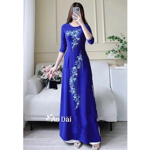 Pre-make Vietnamese traditionele Ao Dai, blauwe Ao Dai, jurk met bloem en broek voor meisjes Dames, oa dai bruiloft, nieuwjaar áo dai ính kết