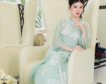 Pre-make Vietnamese Traditional Ao Dai, Embroidered dress with pants for girl Women Birthday holidays, New year, Tet, round neck ao dai