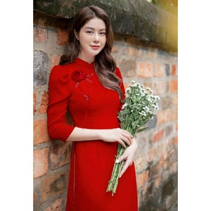 Pre-make Vietnamese Traditional Ao Dai, Red Ao Dai, Set of traditional Ao Dai with flowers  for Women girl wedding dress New Year