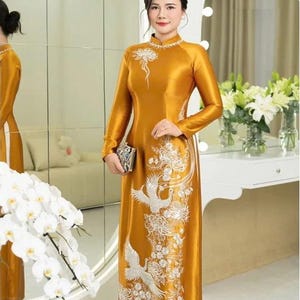 Embroidery Ao Dai, Yellow dress, Pre-make Vietnamese Traditional Ao Dai with pants for to women mother wedding party, luxurious suit thêu 03