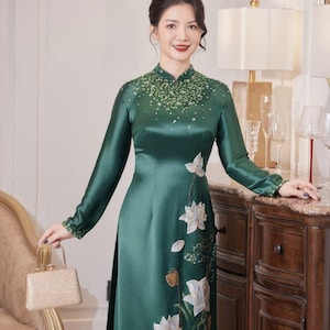 Pre-make Vietnamese traditionele ao dai, ao dai moeder, groene ao dai ba sui jurk met broek voor ao dai moeder bruiloft dinh ket