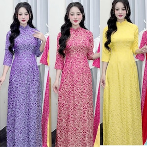 Pre-make Vietnamese Traditional Ao Dai, brocade dress, Ao Dai printed flowers, Luxurious with pant for Girls Women wedding party New Year