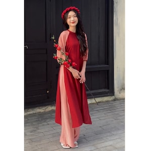 Pre-made Vietnamesisch Traditionelle Ao Dai, Innovative Kleider mit Fliege hinter dem Hals, rot rosa Ao Dai mit Hosen für Mädchen-Frauen ao Dai