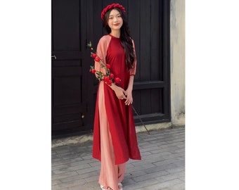 Pre-make Vietnamese Traditional Ao Dai, Innovative dresses with bow ties behind the neck, red pink ao dai with pants for Girls Women ao dai