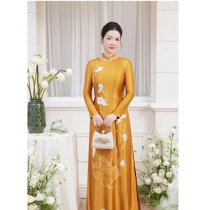 Embroidery Ao Dai, Yellow dress, Pre-make Vietnamese Traditional Ao Dai with pants for to women mother wedding party, luxurious suit thêu 02