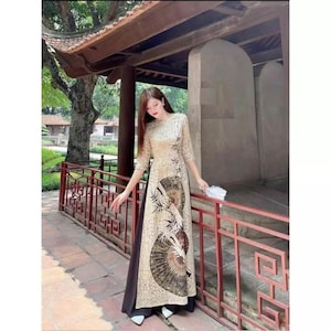 Pre-make Vietnamese Traditional Ao Dai, 6D printed Japanese silk fan pattern ao dai with pants for Women girl Birthday holidays new year