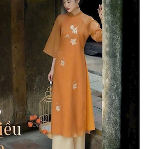 Embroidered ao dai, Pre-make Vietnamese Traditional Ao Dai,  Orange dress with pant for Girls Women ao dai wedding party