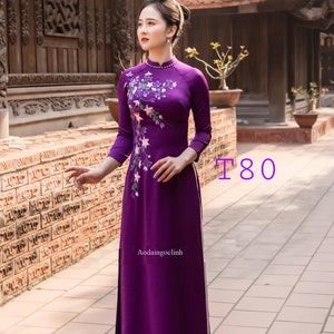 Pre-make Vietnamese traditionele ao dai, innovatieve paarse ao dai, ambachtelijk borduurwerk met broek voor meisjes vrouwen verjaardagsfeestje