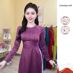 Pre-make Vietnamese Traditional Ao Dai, brocade Ao Dai, brocade dress  with pants for Girls Women wedding party ao dai, áo dài gấm cổ tròn.