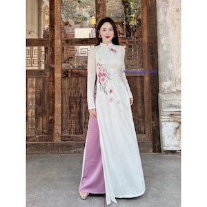 Pre-make Vietnamese Traditional Ao Dai, White Ao Dai embroidered flowers with pants for Women girl Birthday holidays