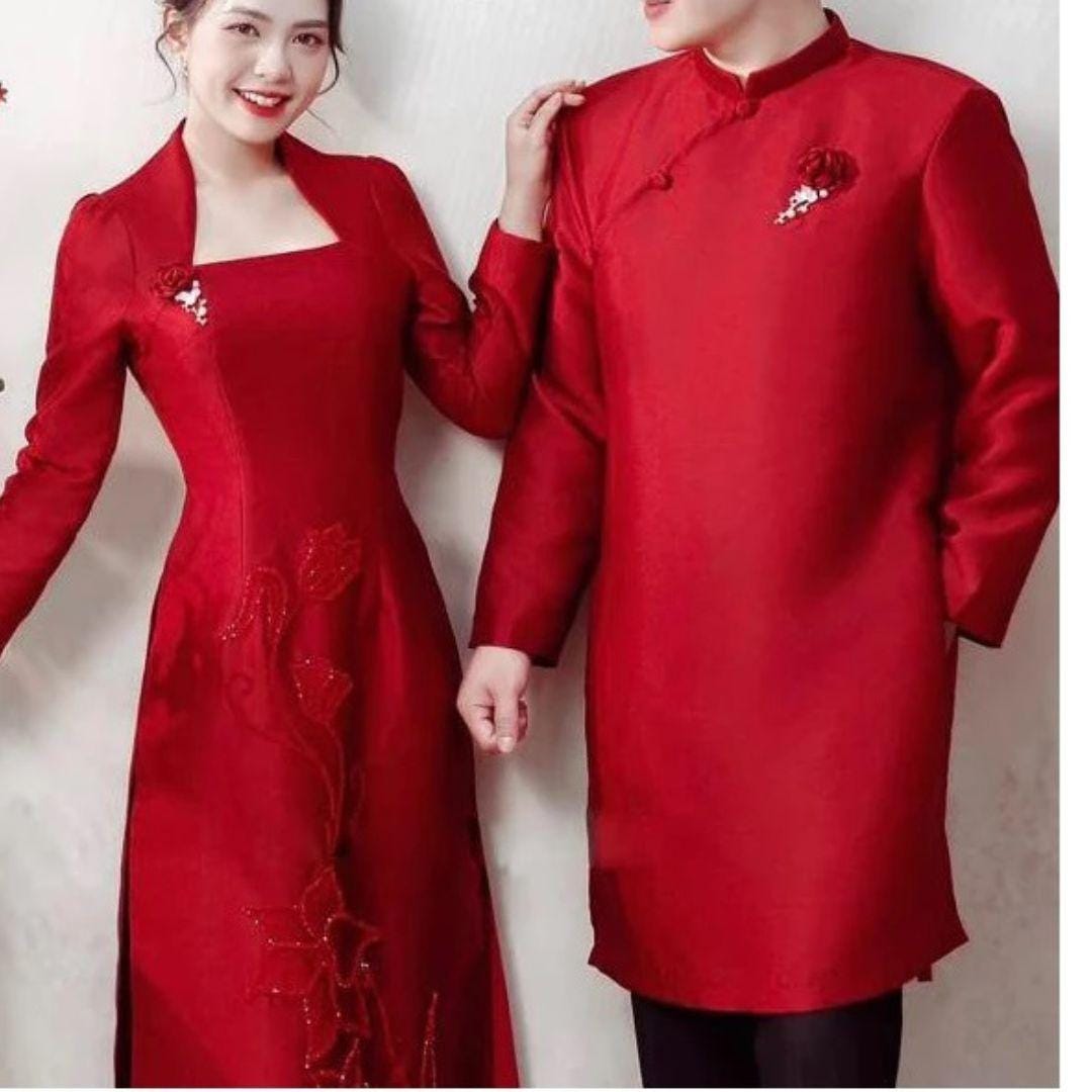 Pre-make Vietnamese Traditional Bridal Ao Dai, Red Wedding Engagement Ao Dai, Burgundy Bride Groom Men's Women's Couple Ao Dai Wedding