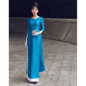 Pre-make Vietnamese Traditional Ao Dai, Floral brocade dress, stylized heart neck with pants for Girls Women ao dai