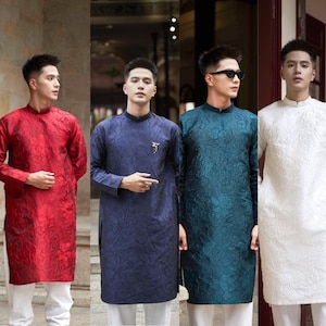 Pre-make Vietnamese Traditional Ao Dai, Innovative men's brocade Ao Dai for boy men party Ao Dai New Year no pant