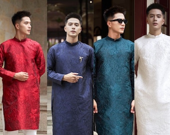 Ao Dai traditionnel vietnamien préfabriqué, Ao Dai innovant en brocart pour hommes pour garçon fête du Nouvel An Ao Dai sans pantalon