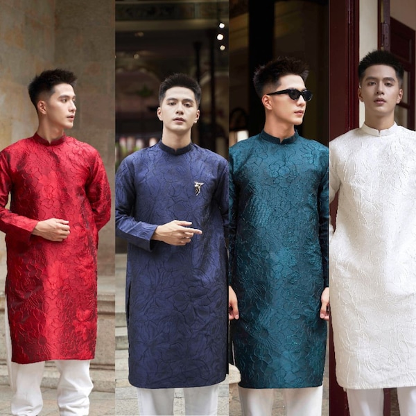Ao Dai traditionnel vietnamien préfabriqué, Ao Dai pour hommes innovant avec motifs traditionnels pour garçon hommes fête du Nouvel An Ao Dai sans pantalon
