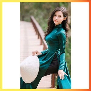 Pre-make Vietnamese Traditional Ao Dai, Traditional long dress in dark blue with pants for Girls Women ao dai