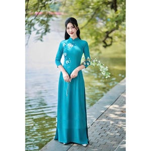 Tay Thi Silk blue Ao Dai Embroidered Patterns, Pre-make Vietnamese Traditional Ao Dai with pants for Girls Women Birthday holidays party