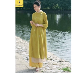 Vietnamese traditional Ao Dai, green dress, Ao Dai embroidered flowers, for Women, Girls/teen New year party ao dai