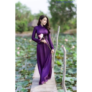 Pre-make Vietnamese traditionele Ao Dai, tint paars Ao Dai, 2 boze lange jurk met broek voor meisjes, vrouwen, oa verjaardag, bruiloft, feestdagen