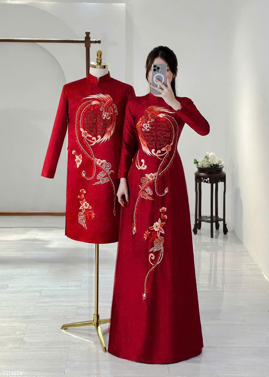 Red Wedding Ao Dai attach motifs, Bridal dress, men's ao dai, couple ao dai, Pre-make Vietnamese Traditional Ao Dai for Girl Women wedding 1