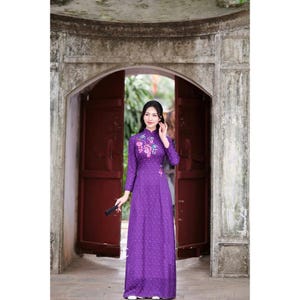 Embroidered Ao Dai, Pre-make Vietnamese Traditional Ao Dai , purple brocade dress with pants for Girls Women holiday party.