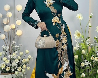 Dark Green Ao Dai for Mothers, Embroidery, Beaded Dress, Pre-make