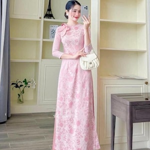Modernized, Pre-make Vietnamese traditional Ao Dai, floral brocade with bow, round neck in gentle,  teacher&#39;s Ao Dai, hot trend Ao Dai 2024