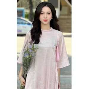 Modern Brocade Pink Ao Dai, Brocade  dress, Round Neck , Pre-make Vietnamese Traditional Ao Dai with pants for Girls Women birthday holiday