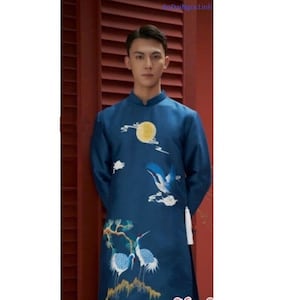 Pre-make Vietnamese Traditional Ao Dai, Innovative blue men&#39;s Ao Dai with Traditional motifs  for boy men&#39;s party Ao Dai new yearno pant
