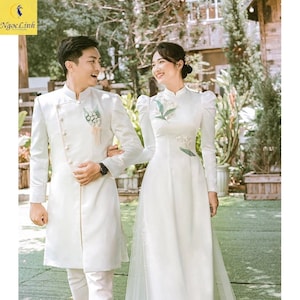 White Wedding Ao Dai attach flower, Bridal dress, men&#39;s ao dai, couple ao dai, Pre-make Vietnamese Traditional Ao Dai for Girl Women wedding