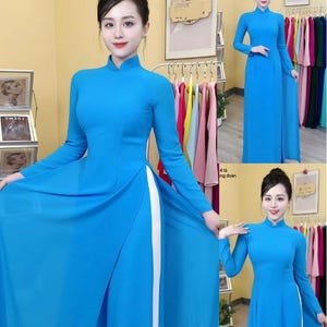Pre-make Vietnamese Traditional Ao Dai, dress, Chiffon Silk with pants for Girls Women wedding party ao dai xanh , 4 tà