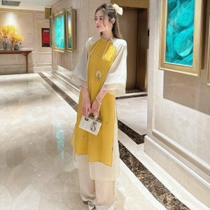 Modern ao dai 4 evil, embroidered flower yellow  dress, Pre-make Vietnamese Traditional Ao Dai with pants for Girls Women birthday holiday