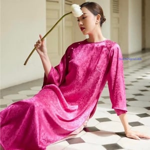 Pre-make Vietnamese Traditional Ao Dai, Brocade pink Ao Dai round neck with pants for Women girl Birthday holidays