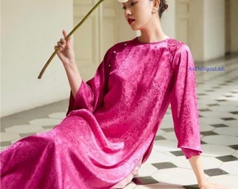 Pre-make Vietnamese Traditional Ao Dai, Brocade pink Ao Dai round neck with pants for Women girl Birthday holidays