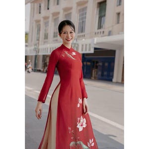Pre-make Vietnamese Traditional Ao Dai, Ao dai cach tan, 4 panels, silk fabric, embroidered flower with pant for Girls Women ao dai wedding