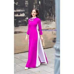 Pre-make Vietnamese Traditional Ao Dai, pink red Ao Dai, Flowered Ao Dai are luxurious. High quality Japanese silk for Girls Women ao dai