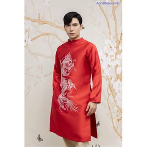 Pre-make Vietnamese Traditional Ao Dai, Innovative RED men&#39;s Ao Dai with Traditional motifs for boy M01 men&#39;s party Ao Dai new year no pant