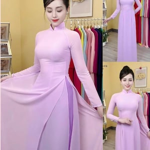 Pre-make Vietnamese Traditional Ao Dai, dress, Chiffon Silk with pants for Girls Women wedding party ao dai Tím Cà Nhạt , 4 tà